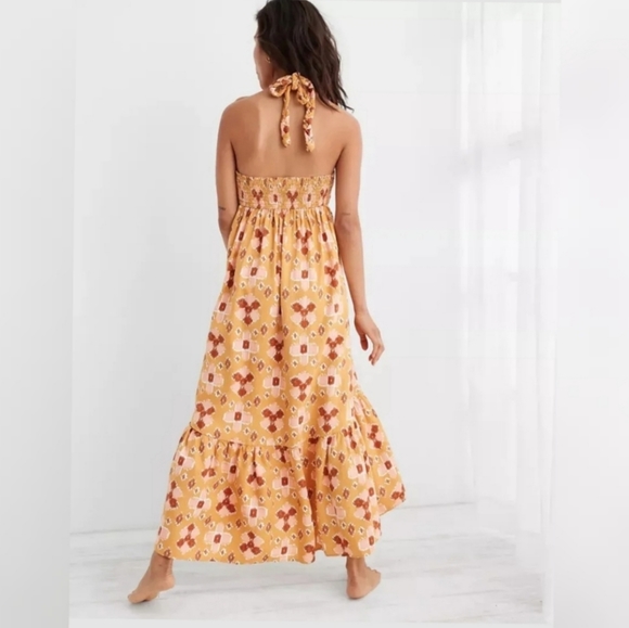 Aerie Linen Blend High Low Halter Maxi Sundress Size Large Yellow,Pink & Red - Picture 2 of 16